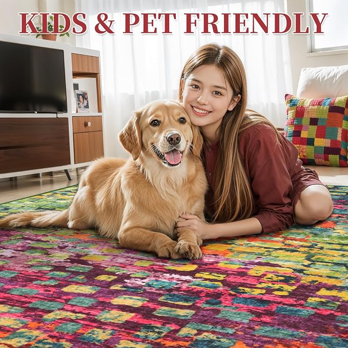 Tangsoo Colorful Abstract 3x7 Washable Runner Rug for Hallway Non Slip Fun | Modern Funky Soft Low Pile 7ft Runner Rug, Contemporary Carpet Runners for Kitchen Bedroom Entryway Living Room Home Decor