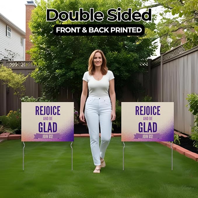 Rejoice & Be Glad - Join Us! Yard Sign by DC | 24"x18" Double Sided Church Garden Sign with 13” Metal Stakes | Outdoor Signs Waterproof for Lawn, Patio, Sidewalk & House | Set of 1 | Made in USA