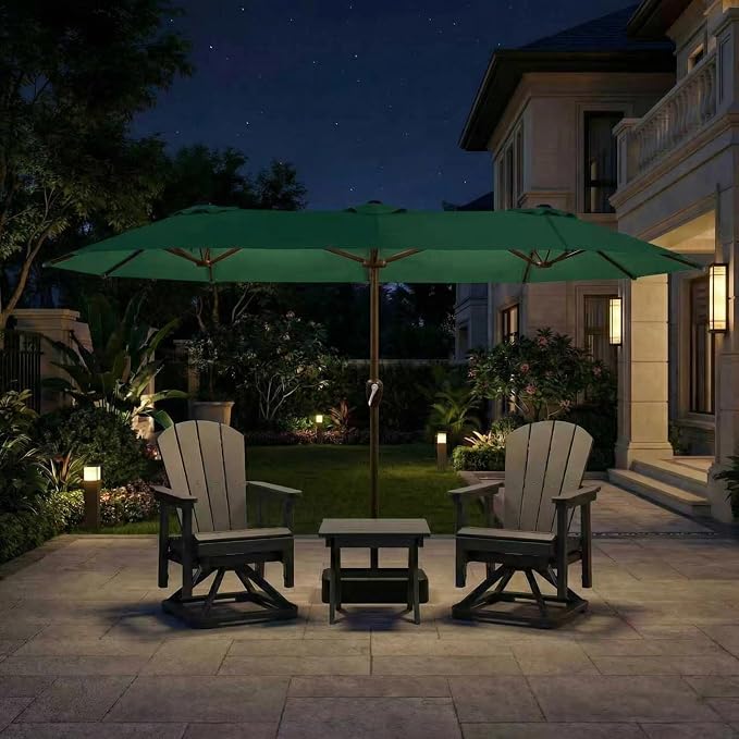 15FT Large Patio Umbrella with Base Included, Double Sided Outdoor Market Umbrella with Flexible Fiberglass Ribs, UV-Blocking Extra Large Umbrella for Garden, Pool, Deck, Forest Green