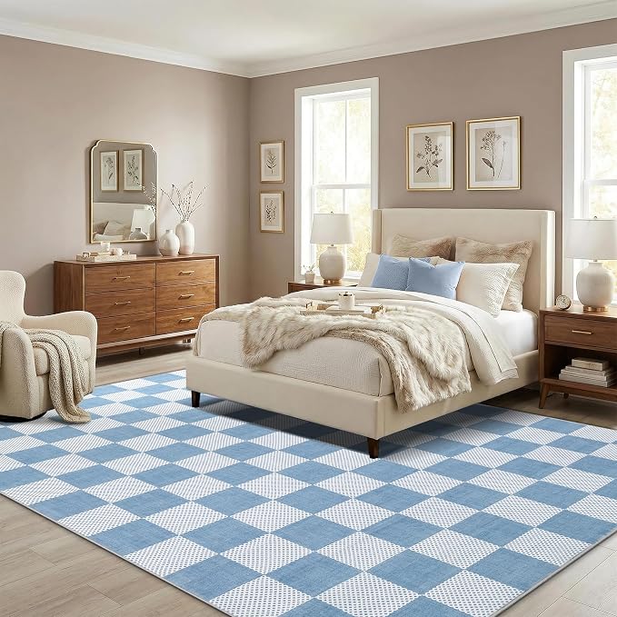 GarveeHome Checkered Blue 3x5 Washable Coastal Rug Low-Pile Nursery Bedroom | Light Blue Small Area Rug for Bathroom Entryway Non-Slip Soft Stain Resistant Geometric Rugs TPE Backing