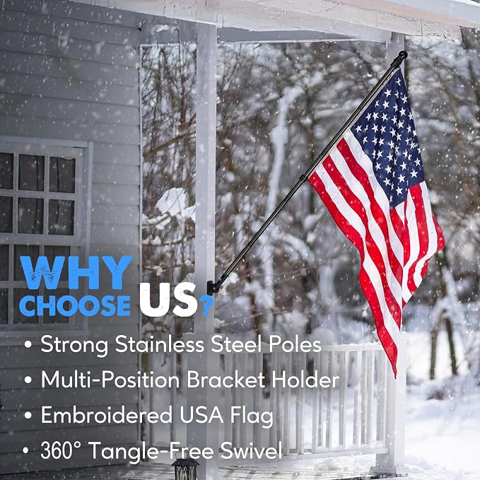 XIFAN American Flag with Pole Kit for Outside - 6FT Black Stainless Steel Flag Pole, 3x5FT Embroidered Flag, 180° Adjustable Bracket for House Porch, Residential Commercial Outdoor Use, Tangle Free