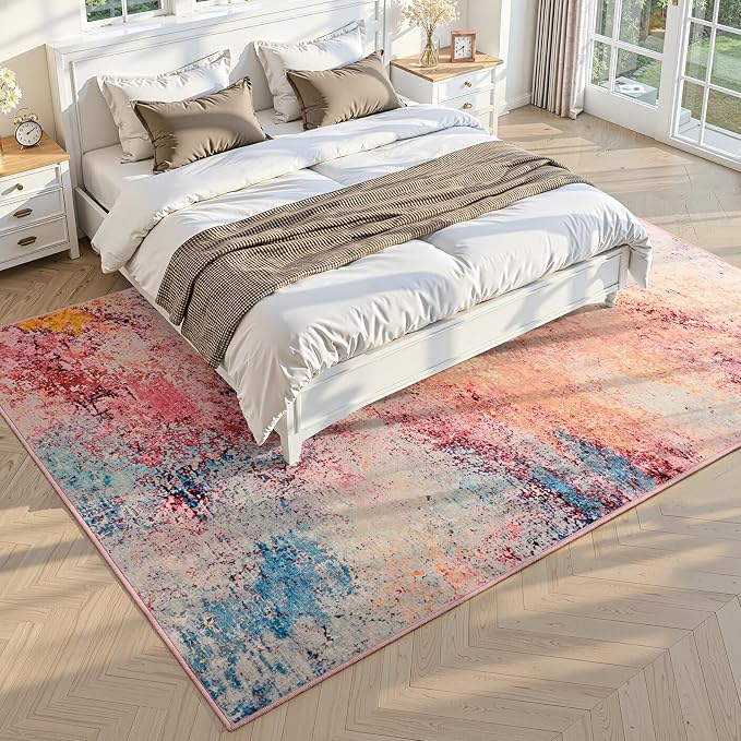 Toneed Washable 5x7 Galaxy Pink Area Rug with Non-Slip Backing for Living Room