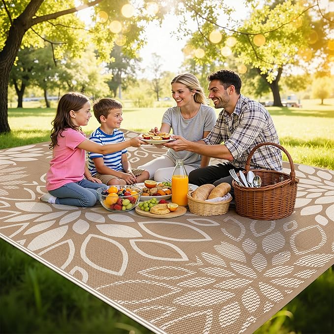 HEBE Waterproof Outdoor Rug 8x10 for Patios, Floral Reversible Plastic Straw Rug Patio Mat, Indoor Outdoor Carpet RV Mat Camping Rug for Deck, Camper, Porch, Balcony, Backyard, Picnic