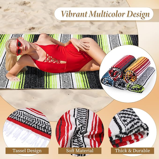 Preboun 10 Pieces Mexican Blanket Bulk Authentic Woven Yoga Blanket Large Picnic Camping Rug Colorful Striped Serape for Beach Outdoor Grass Car Home(Mixed Color)