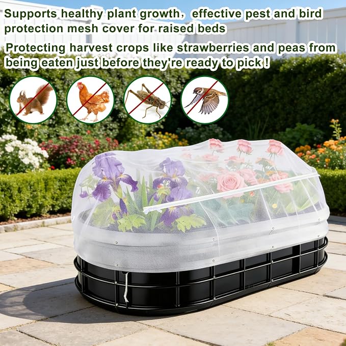 1 Pack Garden Netting for Raised Beds, Fine Mesh Bird Netting Barrier Screen with Zipper Drawstring Garden Bed Plant Cover for Protect Vegetable Fruits Crop from Animals Pest Insect, 8.2×4.3×2Ft