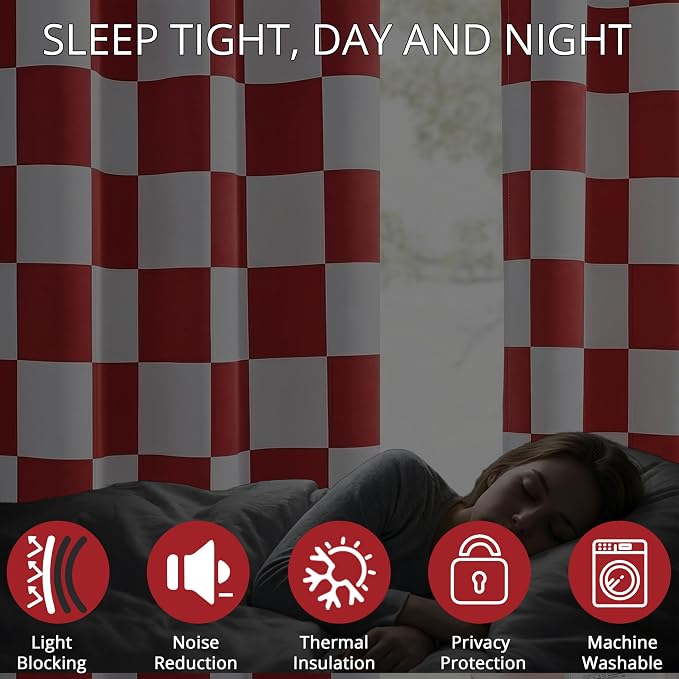 100% Blackout Checkered Curtains – 2 Panels, Each W52×L96, Thermal Insulated, Nosie Reducing for Bedroom, Modern Cabin Red and White Checkerboard Design