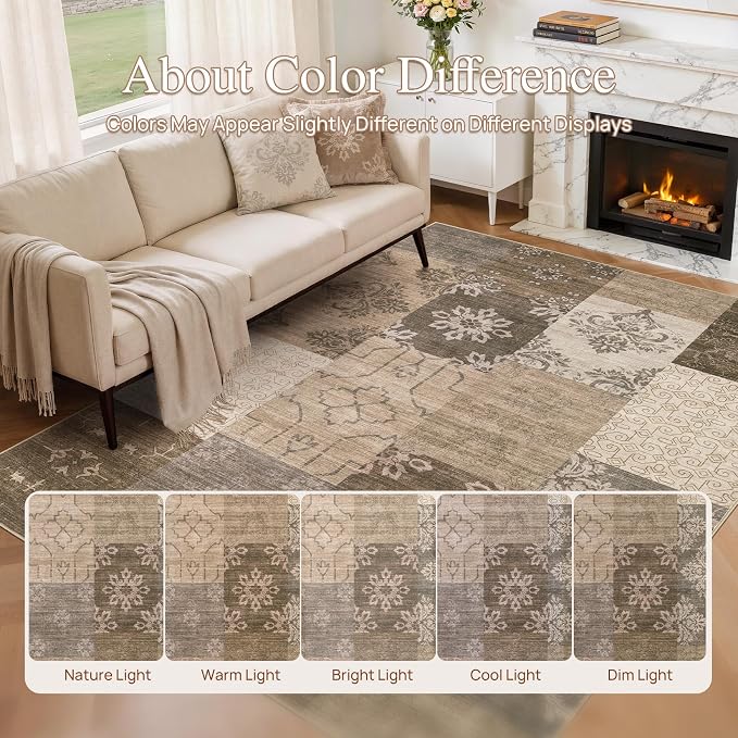 UERMEI 10x12 Area Rug for Living Room, Washable Brown Modern Geometric Patchwork Non Slip Stain Resistant Low Pile Foldable Carpet for Bedroom Dining Farmhouse Home Office