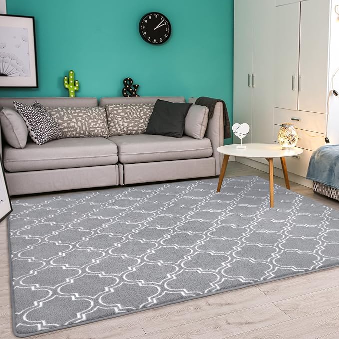Chicrug 6x9 Shag Geometric Modern Area Rug for Bedroom Living Room | Memory Foam Indoor Carpet, Fluffy Rug for Bedside Room for Family Girls Kids Play Mat, Grey and White