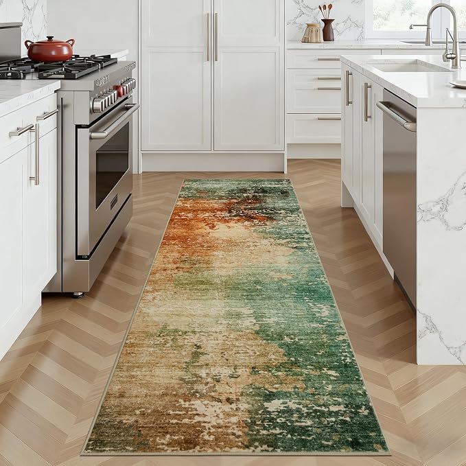 Joydeco 2x6 Washable Runner Rug for Hallway, Modern Abstract Non-Slip Soft Rugs, Low Pile Carpet for Entryway, Bedroom, Kitchen, Laundry, Green & Orange & White
