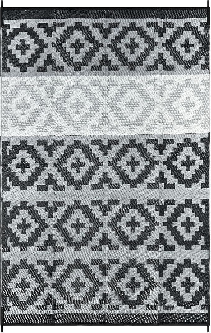 Anidaroel 6x9 Outdoor Rugs for Patios Clearance, Waterproof Reversible Plastic Straw Outside Area Rug, Camping Rugs for Outside RV, Large Outdoor Area Rug for Porch, Backyard (Black&Gray,6‘x9')
