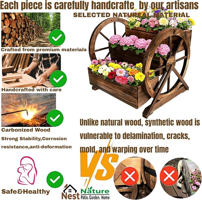 3 Tier Large Wooden Wagon Planter Box|Outdoor Planter/Flower Pot for Indoor&Outdoor Plants-Rustic Garden Planter for Patio,Porch&Garden Decor-Raised Garden Bed for Succulents,Herbs,Vegetables