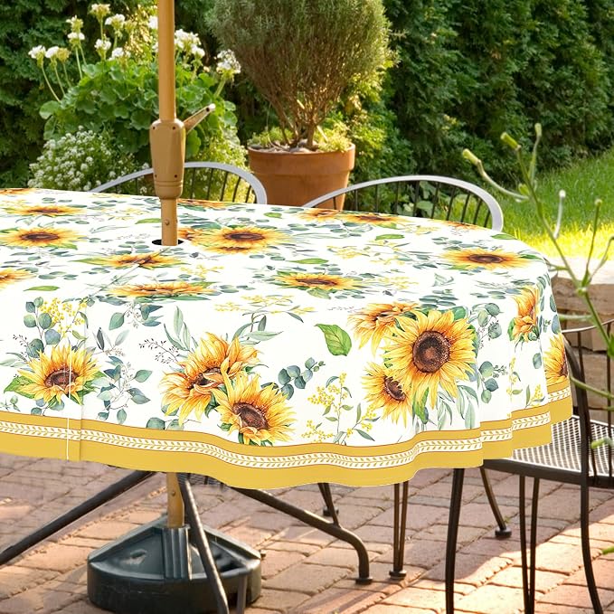 Outdoor Tablecloth with Umbrella Hole and Zipper, Oval Patio Table Covers for Spring/Summer, Machine Washable Outdoor Picnic Table Cloth (Sunflower, 60" × 84" Oval)