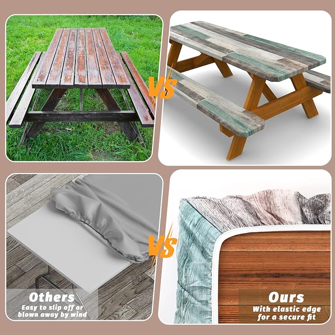Picnic Table Cover with Bench Covers Elastic Edges Camping Essentials 4 Pcs Wood Grain Green Waterproof Oil-Proof Tablecloth with Handbag for RV Accessories Farmhouse Camping Rustic Party Decor 72 IN