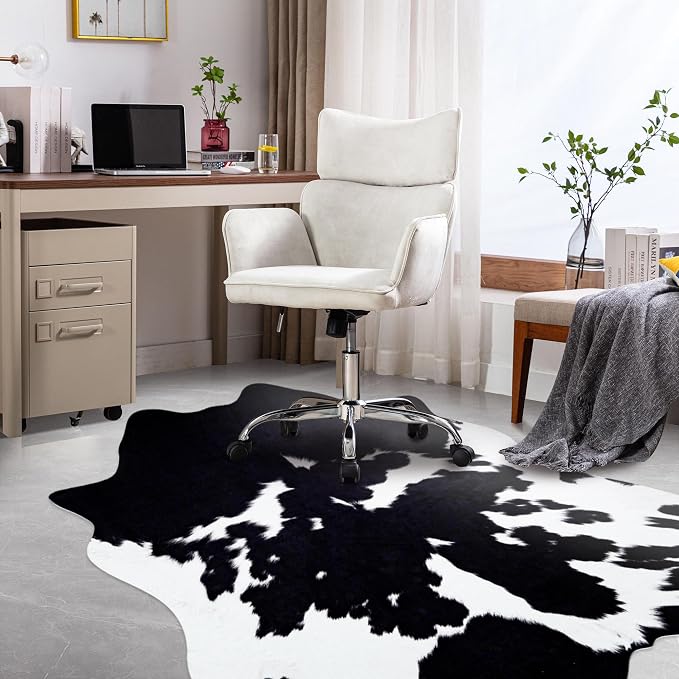 Black Cowhide Rug 5.2x6.2 ft Cow Hide Rug Washable Area Rug Wall Decor | Cow Print Rug Western Rugs for Bedroom Living Room Dining Room Decor Animal Print Carpets-No Fur