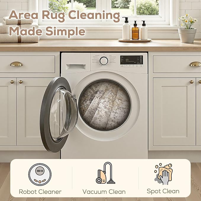 Nakagishi 8X8 Abstract Washable Area Rugs for Living Room-Golden Brown | Modern Non-Slip Silicone Backing Low Pile Soft Carpet for Bedroom Dining Decor for Families with Kids and Pets
