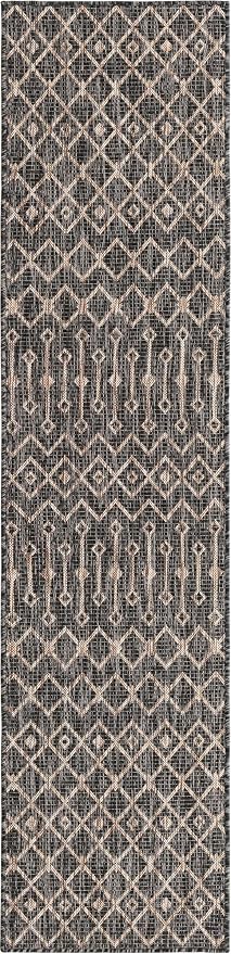 Unique Loom Outdoor Trellis Collection Area Rug - Tribal Trellis (2' x 8' Runner, Charcoal Gray/ Natural)