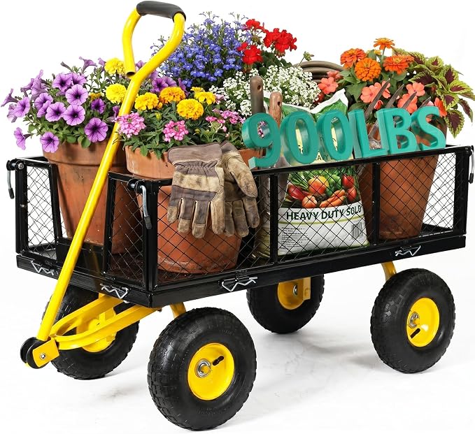 SUNNYFEEL 900 LBS Garden Cart Heavy Duty with 180° Rotating Handle | Metal Yard Utility Wagon Carts with 10" All Terrain Tires, Mesh Removable Sides, All Season Steel Yard Cart for Yard, Lawn