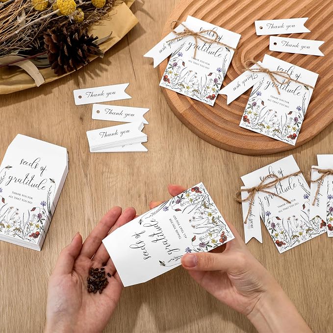 Chuangdi 50 Sets Seeds of Gratitude Seed Packets Bulk Wildflower Party Favors Self Adhesive Paper Empty Envelope with Thank You Tags Thank You Gifts for Baby Shower Wedding Party Guests (No Seed)