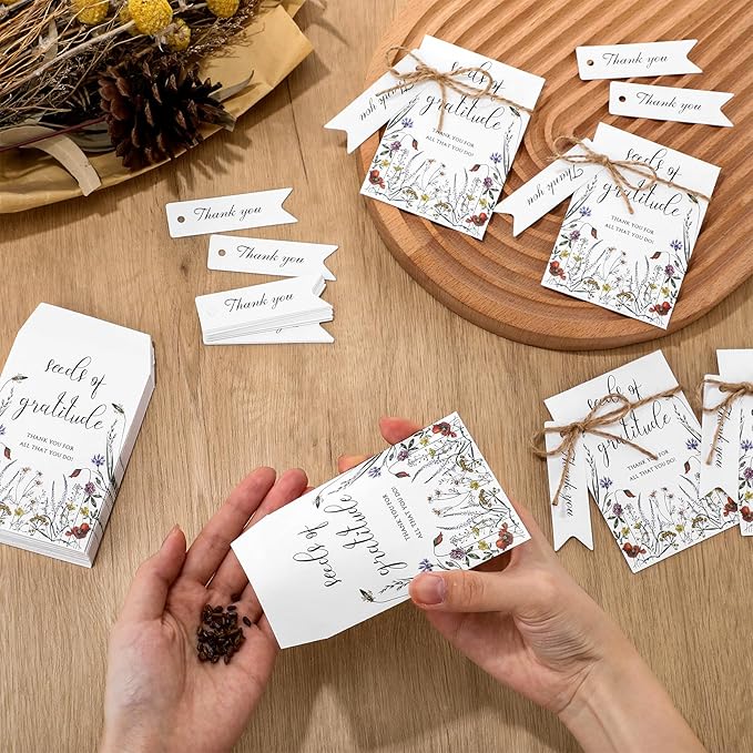 Chuangdi 100 Sets Seeds of Gratitude Seed Packets Bulk Wildflower Party Favors Self Adhesive Paper Empty Envelope with Thank You Tags Thank You Gifts for Baby Shower Wedding Party Guests (No Seed)