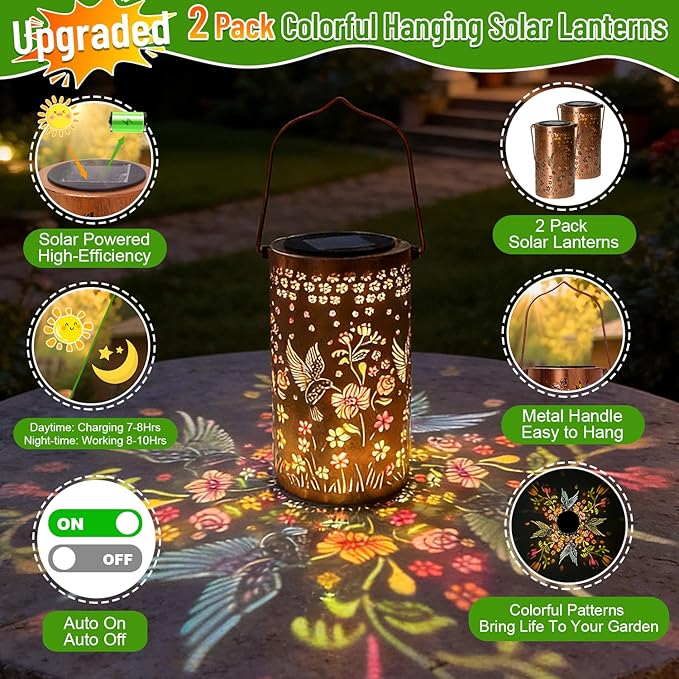 2 Pack Colorful Hummingbird Solar Lanterns Outdoor Waterproof, Decorative Metal Hanging Lantern Hummingbird Solar Lantern for Porch Yard Tabletop Path Garden Decor, Ideal Gifts for Mom Wife Grandma