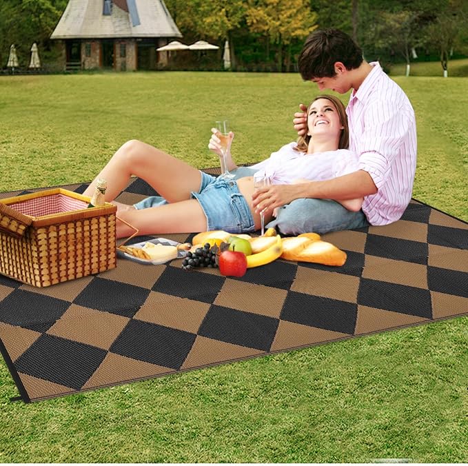 Garvee 8x10 Outdoor Rug Waterproof Plastic Straw Rug Outdoor Patio Rugs Reversible Mat Easy Clean Foldable Lightweight Large Area Rugs for Patio Porch Backyard Camping RV Beach Balcony Checkered Brown