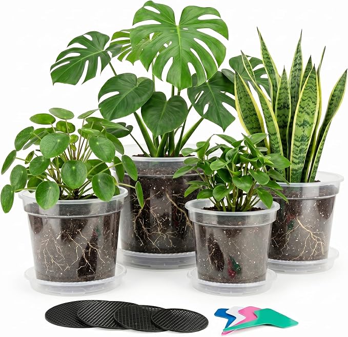 Zonara Clear Nursery Pots with Drainage 12 Pack, 5/6/7/8 Inch Transparent Plastic Plant Pots with Saucers, Mesh Pads & Plant Tags, Reusable Pots for Indoor Plants, Seedlings (5/6/7/8 Inch)