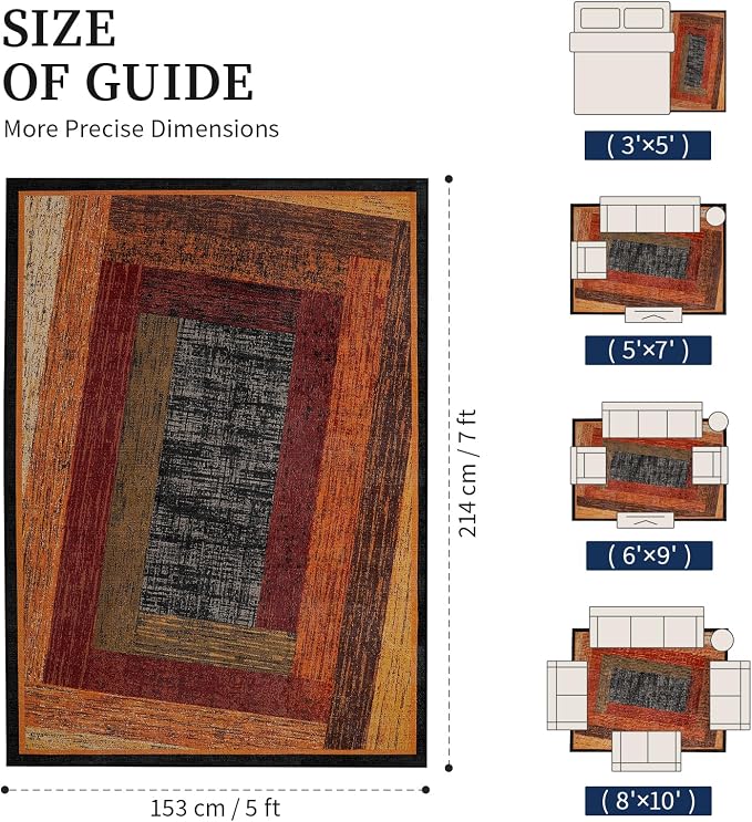 Brown Geometric Woody Area Rug 5x7 for Bedroom,Retro Farmhouse Rugs Washable,Vintage Rug Non Slip, Boho Area Rug for Kitchen,Dining Room,Living Room