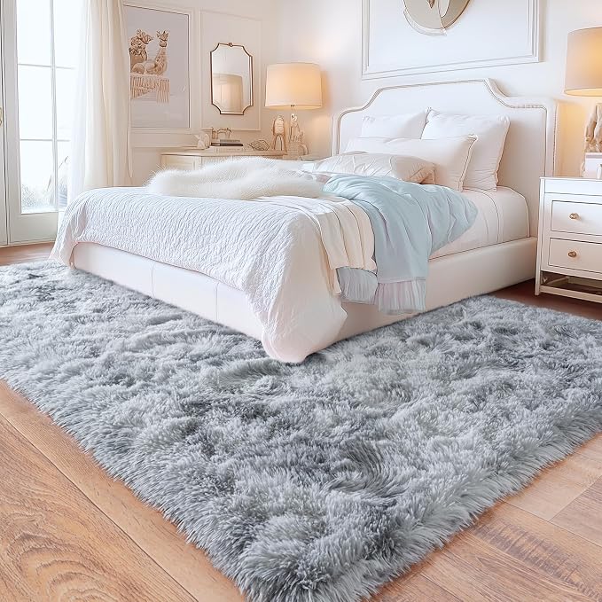 Large Area Rugs 9x12 Living Room, Ultra Fluffy Fuzzy Shag Rug for Bedroom, Modern Plush Soft High Pile Upgrade Non-Slip Carpet for Kids Girls and Boys Room Decor, Tie-Dyed White Grey
