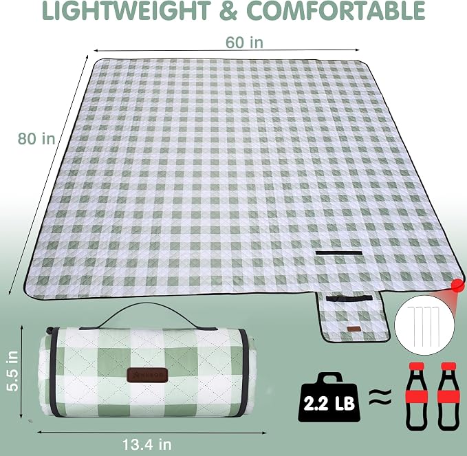 HX&OD Outdoor Picnic Blanket, Extra Large, 80''x60'' Waterproof Foldable Blankets Gingham Picnic Mat for Beach, Camping Grass Lawn Park Accessories Cute Couple Ideas Wedding (Green, 80”x60”)