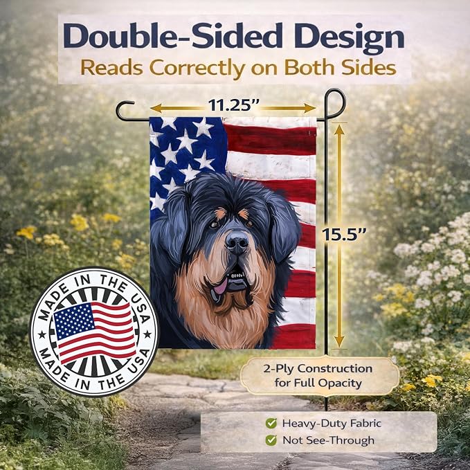 Caroline's Treasures CK6739GF Tibetan Mastiff American Flag Garden Flag Mailbox Flag Decorative Yard Flag Banner Outside Patio Artwork Yard Flower Beds, Garden Size, Multicolor