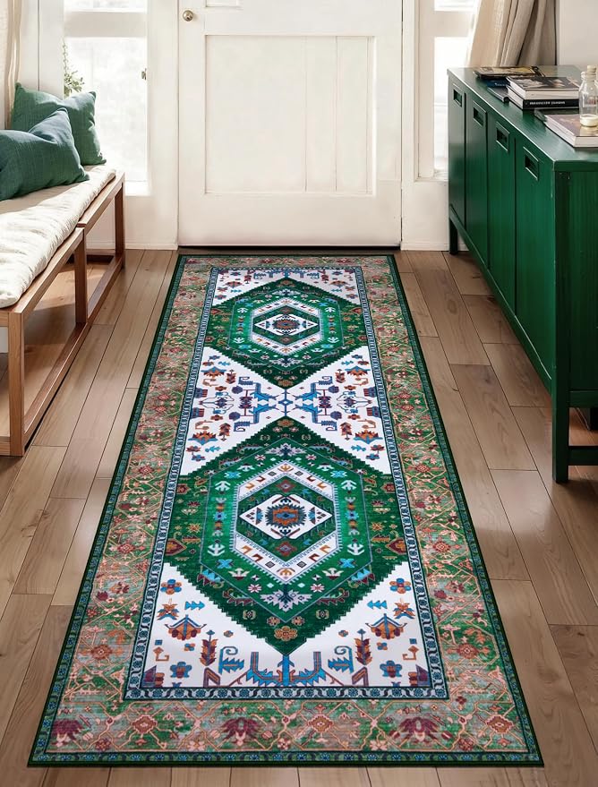 SERISSA 2x5 Washable Non Slip Boho Runner Rug for Hallway，Green White | Ultra Soft Vintage Oriental Carpet Low-Pile Distressed Tribal Floor Carpet for Kitchen Bedroom Bathroom Laundry Living Room