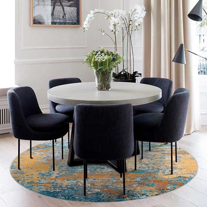 ROYHOME Modern Abstract 4x4 Round Area Rug Non Slip, Multi Color | Non Shedding Rug Low Pile Stain Resistant for Bedroom Living Room office Dining Room