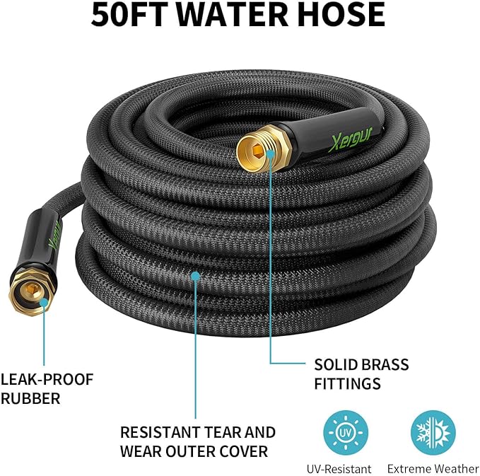 Flexible Garden Hose Water Pipe - 50FT Lightweight Garden Water Hose, Portable Patio Hose with Solid Brass Fittings and Double Latex Core for Pet Washing, Black