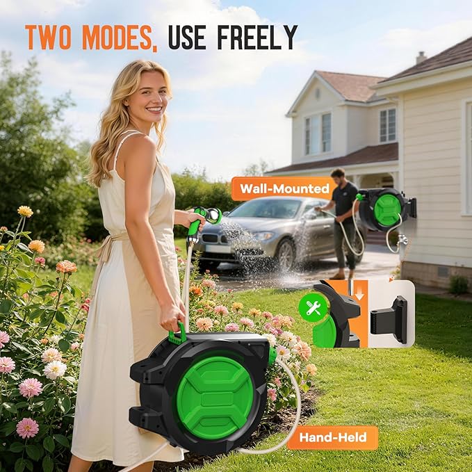Retractable Garden Hose Reel 1/2" x 100ft, Wall Mounted Water Hose Reel with Auto Rewind, Any Length Lock, 180° Swivel Bracket & 9-Pattern Spray Nozzle, Heavy Duty Outdoor Hose Storage for Garden