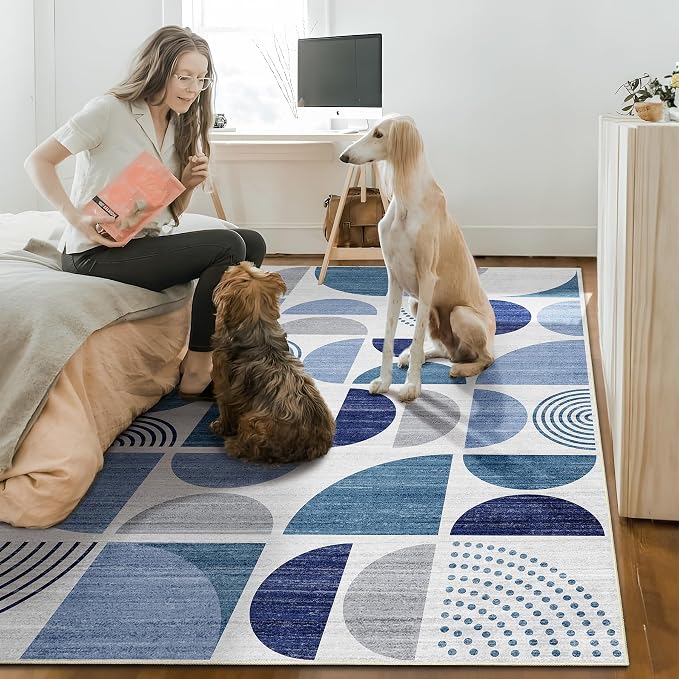 Blue Rug Boho Washable,6x9 Area Rugs Non Slip Modern Abstract Large | Throw Carpet for Living Room Bedroom Dining Room Soft Low Pile Floor Indoor Bohemian Navy Blue