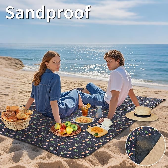 Outdoor Picnic Blanket Blue Floral 60"x80" Sandproof Beach Blanket Waterproof Picnic Blankets Foldable for Caming, Beach, Outdoor Activities.