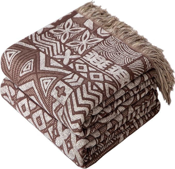 Phuryllic Boho Throw Blanket Full Size, Extra Large Soft Cozy Cotton Muslin Quilt Blanket for Bed Decor, Patchwork Block Couch Sofa Chair Cover, Vintage Farmhouse Cottage Woven Blanket, Brown&White