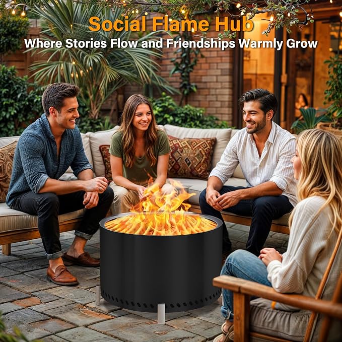 HGD 27.5" Smokeless Firepit with Stand, Large Stainless Steel Wood Burning Fire Pit for Friends & Family Gatherings, Secondary Combustion Outdoor Patio Stove for Garden BBQ & Bonfire (Black)