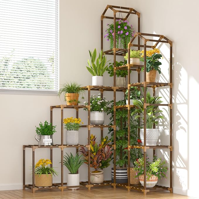 EnHomee 73.6" H Plant Stand Indoor Outdoor Tall Plant Shelf for 17-23 Pots Corner Tiered Plant Stands for Multiple Plants Wood Hanging Plants Holder for Garden Balcony Patio Window Porch