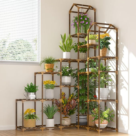 EnHomee 73.6" H Plant Stand Indoor Outdoor Tall Plant Shelf for 17-23 Pots Corner Tiered Plant Stands for Multiple Plants Wood Hanging Plants Holder for Garden Balcony Patio Window Porch