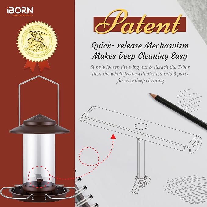 iBorn Bird Feeder Metal Squirrel Chew-Proof Bird Feeders for Outdoors Hanging for Cardinal Outside, Holds 1.32LB Seed with 3 Perchs, Bronze (Seed is not Included)