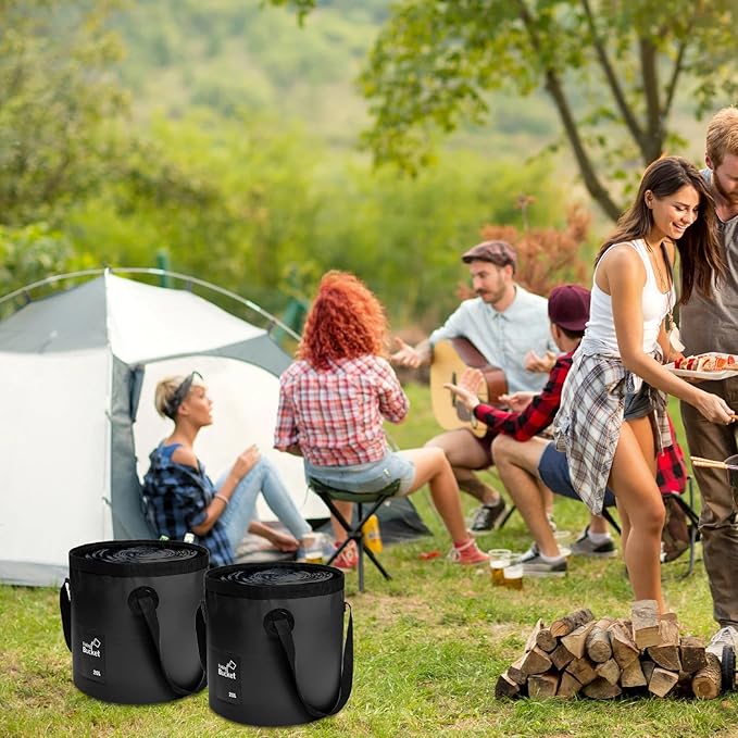 3 Pack 5 Gallon Collapsible Bucket, Foldable Water Bucket with Handles, Portable Camping Buckets for Fishing, Hiking, Cleaning, Outdoor & Travel Use (Black)