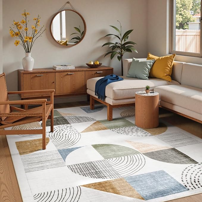 Beeiva Boho Area Rugs for Living Room, 5x7 Washable Area Rug Non Slip Geometric Carpet, Low Pile Lightweight Soft Rugs for Bedroom Home Office, Living Room Home Decor (Multi Color,5X7)