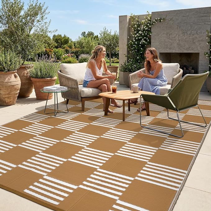 Garvee Waterproof Outdoor Rug 9x18, Checkered Foldable Plastic Straw Patio Camping Rug, Outdoor RV Carpet for Deck Camper Porch Balcony Backyard Picnic Beach Tan