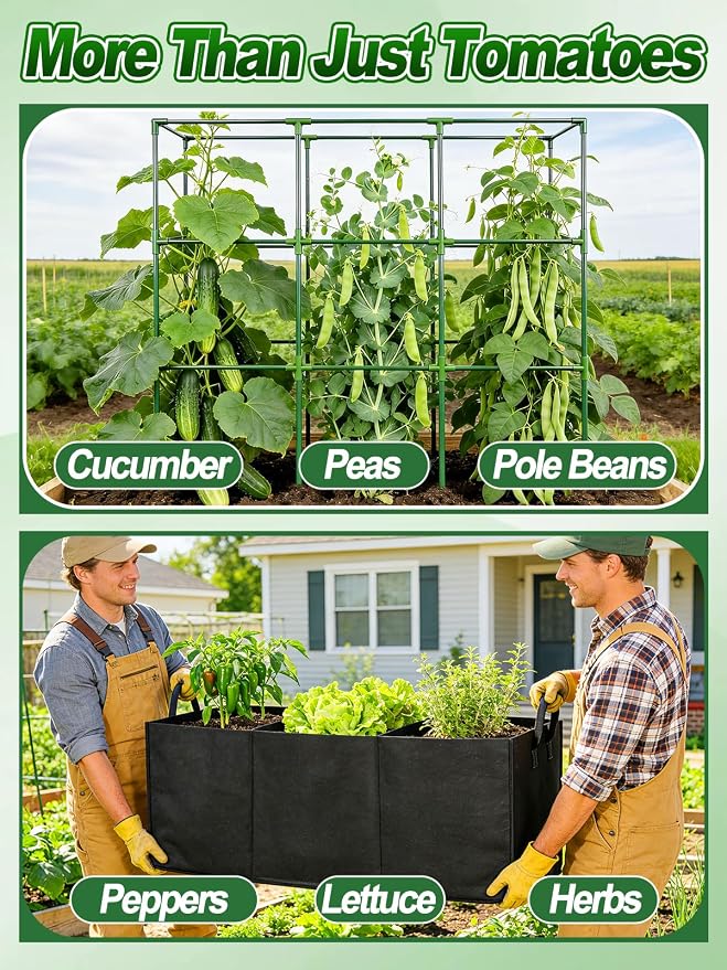 Tomato Cage with 3 Compartment 51 Gallon Grow Bag - 47" L × 15.7" W × 45" H Heavy Duty Square Tomato Planter Trellis, Easy to Assemble, for Garden Patio Balcony Climbing Vegetables Flowers Fruits