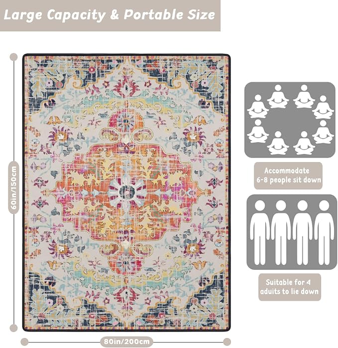 Picnic Blankets Extra Large Waterproof, 80"x 60" Vintage Boho Beach Mat with Corner Pockets Windproof Sandproof Foldable Portable 3-Layer Mat Darker for Wet Grass,Parks,Music Festival,Camping,Concerts