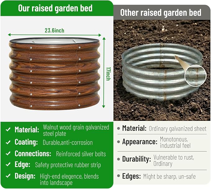SnugNiture Raised Garden Bed, 4 PCS 2×2×1.5ft Round Galvanized Outdoor Planter Box, 17" Tall Deep Metal Garden Bed Kit for Planting Vegetables, Fruits, Flowers, Brown