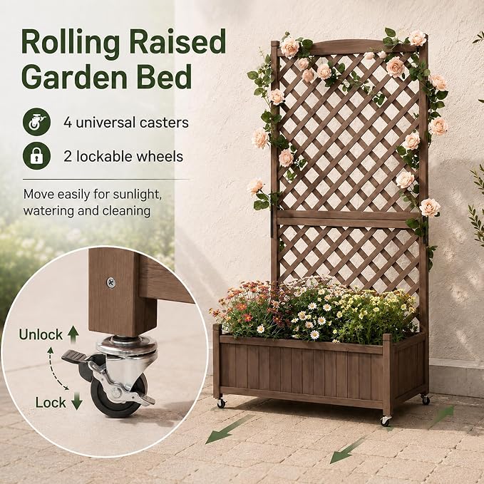 Trellis Raised Garden Bed with Wheels Trellis for Climbing Plants Outdoor | 63"H × 36"W × 17.5"D Tall Lattice Privacy Screen with Drainage Holes