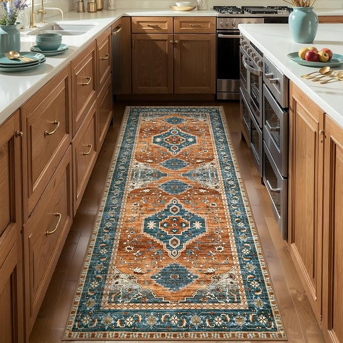 Tangsoo Vintage 2x6 Washable Runner Rugs for Hallways, Non Slip Rug Runner | Oriental Soft Low Pile Long Rug, Boho Carpet Runners for Kitchen Bedroom Entryway Bathroom Living Room Home Decor Orange/Blue