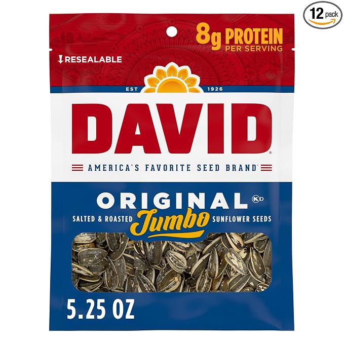 DAVID SEEDS Roasted and Salted Original Jumbo Sunflower Seeds, Keto Friendly, 5.25 Oz, 12 Pack